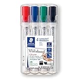 STAEDTLER Lumocolor 351 B WP4 Whiteboard-Marker (Keilspitze ca. 2 oder 5 mm Linienbreite, Set mit 4 Farben, hohe Qualität, trocken und rückstandsfrei abwischbar von Whiteboards)