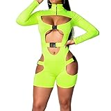 FASZFSAF Frauen Sexy Aushöhlen Overall, Bodycon Schnalle High Neck Strampler, Aushöhlen Langarm Clubwear,Fluorescent Green,S