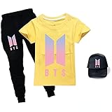 BTS Kinder T-Shirt Hose und Sonnenhut Set T-Shirt Dreiteiliger Anzug für Jungen Mädchen BTS Merch, gelb, 170