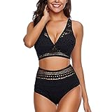 LootenKun Damen Bademode Push Up Bikini Badeanzug Mit Spitze HäKeloptik Bikini High Waist Strandmode Strandkleidung Split Spitze Bik
