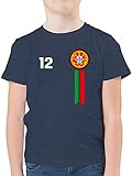 Fussball WM 2022 Fanartikel Kinder - 12. Mann Portugal Emblem - 128 (7/8 Jahre) - Dunkelblau Meliert - Portugal - F130K - Kinder Tshirts und T-Shirt für Jung