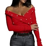 Pullover Damen Winter Strick Damen Langarmshirt Schulterfreies Pullover Sexy Langarm Pulli Elegant Off Shoulder Sweatshirt Mode Bluse Tops Tunika Strickpullover Print Oberteile Jumper B