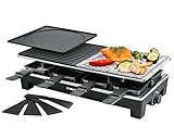 ROMMELSBACHER Raclette Grill RCS 1350 – 2 Wendegrillplatten, 1 Steingrillplatte, 8 Pfännchen, 8 Schaber, Antihaftbeschichtung Xylan Plus, stufenlose Temperaturregelung, 1350 W