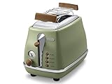 De'Longhi Toaster Icona Vintage CTOV2103.GR - 2-Schlitz-Toaster mit Brötchenaufsatz, Edelstahl in elegantem Retro Look mit Chrom-Details, grü