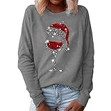 Tekaopuer Pullover für Damen, Weihnachtsmütze, Rotwein Glas Muster Druck Rundhals Langarm Sweater Shirt, grau, M