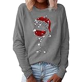 Tekaopuer Pullover für Damen, Weihnachtsmütze, Rotwein Glas Muster Druck Rundhals Langarm Sweater Shirt, grau, M