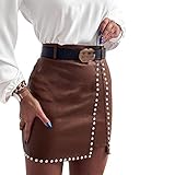 Loalirando Damenrock aus Kunstleder mit hoher Taille und Strasssteinen, elegant, sexy Minirock aus Leder mit Nieten, Braun S