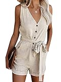 MoccyBabeLee Damen-Jumpsuit, einfarbig, Sommer, lockerer Playsuit, V-Ausschnitt, ärmellos, einteiliger Strampler mit Taschen (C Beige, XL)