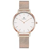 Damen Analog Quarz Uhr Minimalistisch Mode Elegant Beiläufig Quarzuhr für Damen, mit Edelstahl Mesh Armband 3ATM Wasserdicht (Weißes Zifferblatt, Roségold)