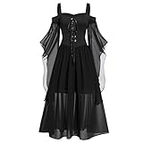 Damen Gothic Cosplay Kleid,A-Line Ärmellose Kleid Cocktail Party Kleidung,Übergroßes Mesh Mittelalter Kostüm Punk Karneval Steampunk Schnürung Rückenfrei Schnürkleid mit Schmetterlingsärmeln Hallow