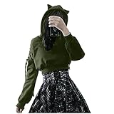 Damen Hoodie Gothic Kapuzenpullover Katzenohren Schwarz Hollow Out Pullover Gothic Crop Top Karneval Party Kleidung Tops Bluse, armee-grün, 38