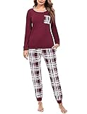 Irevial Schlafanzug Damen Baumwolle Pyjama Set Lang Winter Hausanzug mit Karierte Hose Zweiteiliger Sleepwear Langarm Nachtw