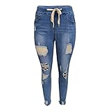 Fainash Damen Elastische Taillenjeans Zerrissene Drucknähte Stretch Modisch gewaschen Bequem Lässig Basic Denim Hosen S