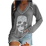 Langarmshirt Damen Sweatshirt Langarm Locker Pullover Totenkopf Druck Oberteile Frauen Herbst Graphic Tee Shirts Elegant V-Ausschnitt Tops Basic Bluse Mädchen Lässig Tunika Lange Ärmel T-S