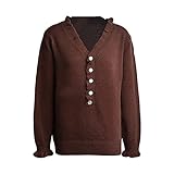 Freizeitpullover Mit V-Ausschnitt FüR Damen Button-Down-Langarm-Einfarbiger SüßEr RüSchen-Strickpullover Elegante Pulli Gerippte Pullover-Oberteile füR Den Herbst (M,Braun)