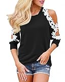 Style Dome Damen Langarmshirts Off Shoulder Oberteil Elegant T-Shirts Rundhals Bluse Lace Patchwork Shirts Tunika Schwarz XL