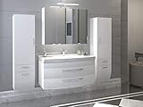 badmöbelset Badezimmer Hochgl. weiß/weiß mit großen Waschplatz inklusive Mineralgussbecken Spiegelschrank und 2 x Hochschränk