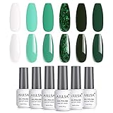 AILLSA Gel Nagellack Set, 6*8ml Weiß Grün Dunkel UV Gellack Gelnägel Set Ohne UV Lampe Glitzer Farbgel für D