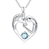 Pferde Kette Sterling Silber Damen Herz Anhänger Halskette mit Kristallen, Pferde Schmuck Geburtstagsgeschenk für Mädchen Frauen (Simulierter Aquamarin)