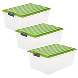 Rotho Compact 3er-Set Aufbewahrungsbox 38l mit Deckel, Kunststoff (PP) BPA-frei, transparent/grün, 3 x A3/38l (57,0 x 40,0 x 25,0 cm)