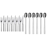 WMF Nuova Steakbesteck 12-teilig, für 6 Personen, Steakgabel, Steakmesser & Nuova Latte Macchiato Löffel Set 6-teilig, lange Löffel 19 cm, Joghurtlö