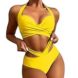 Yoofeiduoduo Damen Bikini Badeanzug Cutout High Waist Einfarbig Bikini V Ausschnitt Zweiteiliger Badeanzug Swimwear Neckholder Push Up Große BrüSte Hoch Taillierte Bikini Set Beachw