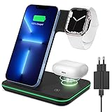 XIMU Kabelloses Ladegerät, 3 in 1 Schnell Ladestation Qi Zertifiziert Wireless Charger mit 15W QC 3,0 Adapter Kompatibel mit iPhone 13 Pro/13/13 Pro Max/12 Pro/11/Appl Watch 7/6/SE/5/4/3/Air Pods 3