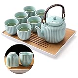 DUJUST Japanisches Teeservice, Cyan-blaues Porzellan Teeservice mit 1 Teekanne, 6 Teetassen, 1 Tablett, 1 Brühe, Asiatisches Teeservice für Teeliebhaber Bambus Inspiration - Gerades Maserungsdesig