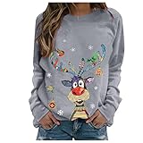 EMATOP Damen Sweatshirt Weihnachten Pullover Lässiges Langarmshirt Lose Oberteile Rundhals Weihnachtspullover Herbst Winter Bluse Tops Elch Schneemann Druck Jumper Pulli Teenager M