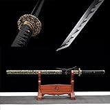 103cm Handgefertigtes gerades Katana,Manganstahl Einteilige Klinge,Reiner Kupfer geschnitzter Handschutz,Massivholz lackierte Scheide,echte Samurai Schwerter zum Sammeln von Cosplay Geschenk Display
