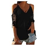 UNIQTA Damen T-Shirts Modisch Einfarbig V-Ausschnitt Ausgehöhlte Spitze Halbarm Halter Träger Freizeit T-Shirt Oberteil Weiß Rosa Schwarze Spitzenb