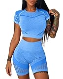 OYS Damen-Workout-Set, 2-teilig, nahtlos, hohe Taille, aktive Yoga-Shorts, Laufen, Fitnessstudio, Outfits, Kleidung, blau, Larg