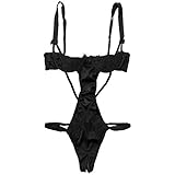 Agoky Damen Dessous Set Sexy Spitze Bodysuit Brustfrei BH Oberteil Butt Offen String Tanga Erotik Reizwäsche Clubwear Schwarz One S