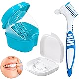 Prothesenbürste Set,Zahnspangenreiniger,zahnspangen reinigungsdose Aufbewahrungsbox,für Zahnspangen oder Zahnersatz reinigen und aufbewahren (blaue Zahnbürste)