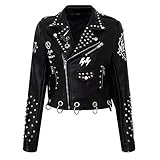 JIULOVE Damen Kunstleder Motorradjacke PU Slim Kurzmantel Nieten Graffiti Gedruckt Biker Kleidung Schwarz-XL