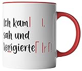 vanVerden Tasse - Ich kam sah und korrigierte - beidseitig Bedruckt - Geschenk Idee Kaffeetassen, Tassenfarbe:Weiß/R