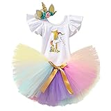 NNJXD Mädchen Einhorn Blume Regenbogen Tutu 1. Geburtstag 3 Stück Outfits Strampler +Rock+ Gold Stirnband Größe (1) 1 Jahre Gelb&V