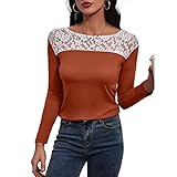 Herbst Und Winter Casual Fashion Damen Rundhals Einfarbig NäHte Spitze Langarm T-Shirt DüNner Pullover Sexy Hohlboden Shirt Top D