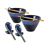 Ramen Nudel Suppenschalen, UNICASA 2 Sätze Keramik Ramen Schüssel Mit Essstäbchen, Löffel und Löffelruhe, Japanisches Geschirr Snackschale Bowl Set für Asiatische Nudeln - 2 X 600 ml, B