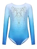 trudge Kinder Turnanzug Gymnastikanzug Mädchen Leotard Langarm Ärmellos Trikot Training Dancewear Gymnastikbody Tanzbekleidung Wettkampf 3-12 Jahre, 2_Blau, 160
