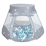 SELONIS Baby Spielzelt Mit Plastikbällen Zelt 105X90cm/100 Bälle Plastikkugel Kinder, Grau:Grau-Weiß-Transparent-Babyb