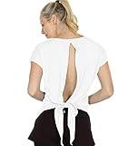 icyzone Damen Rückenfrei T-Shirt Kurzarm Sport Oberteil Yoga Tops Casual Shirt Loose Fit (M, White)
