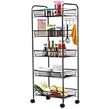 COSTWAY 5 Ebenen Servierwagen mit Haken, Küchenwagen mit Universalrädern, Rollwagen Metall, Haushaltswagen Allzweckwagen，Badwagen Küchenrollwagen Universalrollwagen 43,5 x 26 x 104cm (Schwarz)