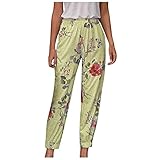 Xmiral Damen Blume Bedruckte Haremshose Elastische Taille Freizeithose Slim Fit Hosen (Gelb, 3XL)