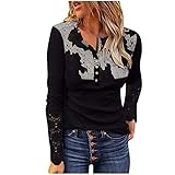 Damen Langarmshirts Rundhals Basic Oberteile Mit Spitze Sleeves Slim Fit Einfarbig T-Shirt Top Button Sweatshirt Shirt Farbblock Bluse Casual Lose Oversize Pullover Elegant Herbst Lässiges Sw