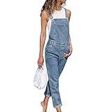 Shujin Damen Latzhose Retro Jeanshose Trägerhose Hoseanzug Denim Overall Gerades Bein Zerrissen Lang Trägerhose Ärmellos Locker mit T