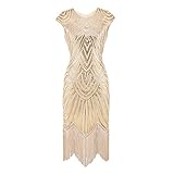 Lazzboy Damen 1920er Diamant Pailletten verschönert mit Fransen Flapper Kleid(Beige,M)