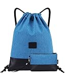 LIVACASA Turnbeutel Mit Reißverschluß Innentasche Sportbeutel Hipster Gym Bag Gefüttert Rucksack Mit Verstellbar Tunnelzug Gymsack für Damen und Herren (Hellblau mit Geldtasche, 42x33cm)
