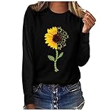 Sunflower Print Shirt Teen Girls Round Neck Tee Damen Mode Plus Size Print Langarm T-Shirt Bluse Tops Pullover Bluse Weiche Tunika Tops für Leggings, Schwarz , 48