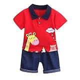 Julhold Zweiteiliger Anzug Gentleman Anzuge Kinder Jungen Sommer Kurzarm Cartoon Tiger/Rehkitz Buchstabe Stehkragen Hemd T-Shirt + Jeans Shorts Outfit (Rot-1,90)